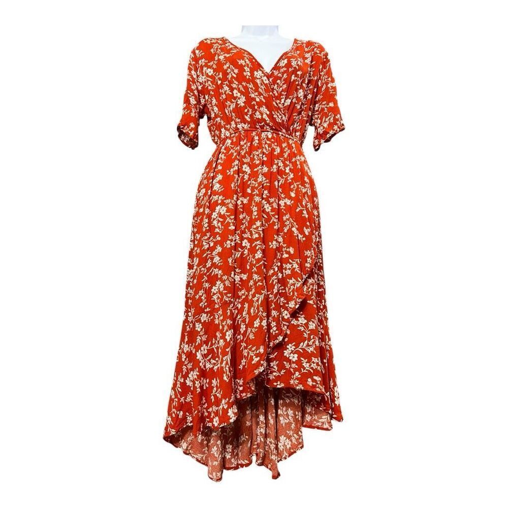 Orange Floral High-Low Dress Size M 3/4-Sleeve Sundress Wrap Boho Kori America